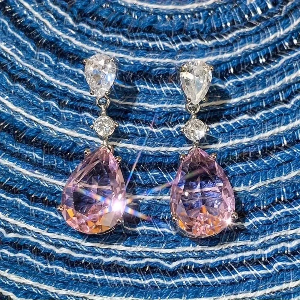 Pink Earrings Cubic Zirconia Pear Shape Rhinestones Luxe Formal Hypoallergenic